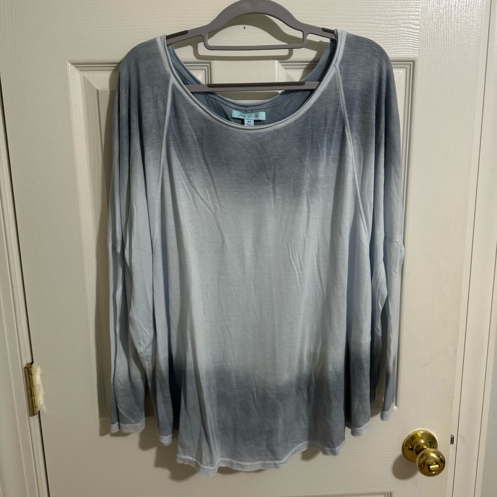 She + Sky Ombré Washed Long Sleeve Tee in dusty Blue Gray